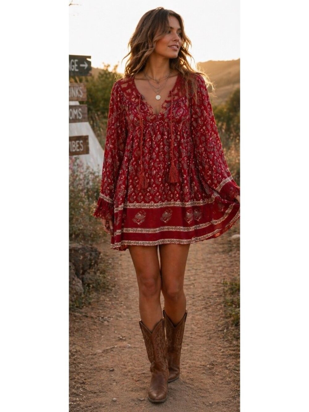 Free People Nomad Child Red Mini Dress Size Small Floral Lace V-Neck Tassel Boho